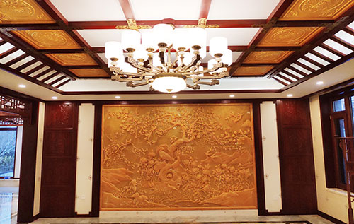 城关中式别墅客厅中式木作横梁吊顶装饰展示